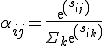 \alpha_{ij} = \frac{exp(s_{ij})}{\Sigma_k exp(s_{ik})}