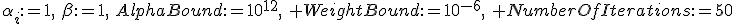 \alpha_i:=1,\,\,\beta:=1,\,\,AlphaBound:=10^{12},\,\, WeightBound:=10^{-6},\,\, NumberOfIterations:=50;