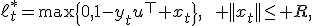 \ell_t^*=\max\{0,1-y_tu^\top x_t\},\qquad ||x_t||\leq R,