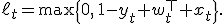 \ell_t=\max\{0,\,1-y_t w_t^\top x_t\}.