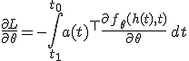 \frac{\partial L}{\partial \theta} = -\int_{t_1}^{t_0} a(t)^\top \frac{\partial f_\theta(h(t), t)}{\partial \theta}\, dt