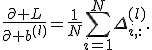 \frac{\partial L}{\partial b^{(l)}}=\frac{1}{N}\sum_{i=1}^{N}\Delta^{(l)}_{i,:}.
