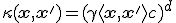 \kappa(\mathbf{x}, \mathbf{x}') = (\gamma \langle \mathbf{x}, \mathbf{x}' \rangle + c)^d