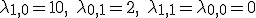 \lambda_{1,0} = 10, \quad \lambda_{0,1} = 2, \quad \lambda_{1,1} = \lambda_{0,0} = 0