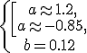 \left\{\begin{matrix} \left\[\begin{matrix}a \approx 1.2 ,\\ a \approx -0.85, \end{matrix}\right.\\ b = 0.12 \end{matrix}\right.