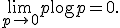 \lim_{p \to 0+} p\log p = 0.