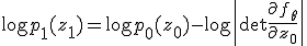 \log p_1(z_1) = \log p_0(z_0) - \log \left|\det \frac{\partial f_\theta}{\partial z_0}\right|