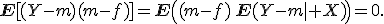 
\mathbf{E}[(Y-m)(m-f)]
=
\mathbf{E}\left(
(m-f)\,
\mathbf{E}(Y-m\mid X)
\right)
=0.
