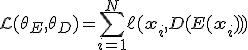 \mathcal{L}(\theta_E, \theta_D) = \sum_{i=1}^{N} \ell(\mathbf{x}_i, D(E(\mathbf{x}_i)))