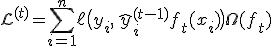 \mathcal{L}^{(t)} = \sum_{i=1}^{n} \ell\bigl(y_i,\, \hat{y}_i^{(t-1)} + f_t(x_i)\bigr) + \Omega(f_t)