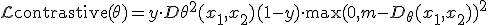 \mathcal{L}{\text{contrastive}}(\theta) = y \cdot D\theta^2(x_1, x_2) + (1 - y) \cdot \max(0, m - D_\theta(x_1, x_2))^2