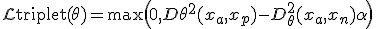 \mathcal{L}{\text{triplet}}(\theta) = \max\left(0, D\theta^2(x_a, x_p) - D_\theta^2(x_a, x_n) + \alpha\right)