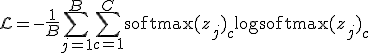 \mathcal{L} = -\frac{1}{B} \sum_{j=1}^B \sum_{c=1}^C \text{softmax}(z_j)_c \log \text{softmax}(z_j)_c