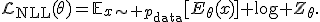 \mathcal{L}_{\mathrm{NLL}}(\theta)=\mathbb{E}_{x\sim p_{\mathrm{data}}}[E_\theta(x)]+\log Z_\theta.