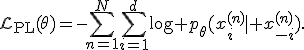 \mathcal{L}_{\mathrm{PL}}(\theta)=-\sum_{n=1}^{N}\sum_{i=1}^{d}\log p_\theta(x_i^{(n)}\mid x_{-i}^{(n)}).
