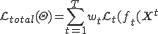 \mathcal{L}_{total}(\Theta) = \sum_{t=1}^T w_t \mathcal{L}_t(f_t(X^t; \Theta), Y^t) + \lambda \mathcal{R}(\Theta) \to \min_{\Theta}