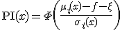 \mathrm{PI}(x) = \Phi\!\left(\frac{\mu_t(x) - f^{+} - \xi}{\sigma_t(x)}\right)