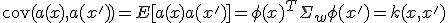 \mathrm{cov}(a(x), a(x')) = E[a(x) a(x')] = \phi(x)^T \Sigma_w \phi(x') = k(x, x')