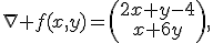 \nabla f(x,y)=\begin{pmatrix}2x+y-4\\x+6y\end{pmatrix},