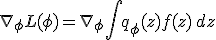 \nabla_\phi L(\phi) = \nabla_\phi \int q_\phi(z) f(z) \, dz