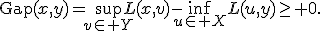 \operatorname{Gap}(x,y)=\sup_{v\in Y}L(x,v)-\inf_{u\in X}L(u,y)\geq 0.