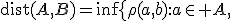 \operatorname{dist}(A,B)=\inf\{\rho(a,b):a\in A,\;b\in B\},