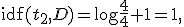 
\operatorname{idf}(t_2,D)=\log\frac{4}{4}+1=1,
