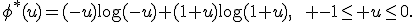 \phi^*(u)=(-u)\log(-u)+(1+u)\log(1+u),\qquad -1\leq u\leq0.