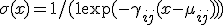 \sigma(x) = 1/(1 + \exp(-\gamma_{ij}(x - \mu_{ij})))
