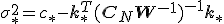 \sigma_*^2 = c_* - \mathbf{k}_*^T (\mathbf{C}_N + \mathbf{W}^{-1})^{-1} \mathbf{k}_*