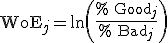 \text{WoE}_j = \ln\left(\frac{\% \text{ Good}_j}{\% \text{ Bad}_j}\right)