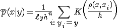 \widehat{p}(x \mid y) = \frac{1}{\ell_y h^n} \sum_{i:\, y_i = y} K\left( \frac{\rho(x, x_i)}{h} \right)