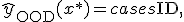  \hat{y}_{\text{OOD}}(x^*) = \begin{cases} \text{ID}, & \text{if} S(x^*) \geq \tau, \\ \text{if}, & \text{if } S(x^*) < \tau. \end{cases} 