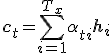  \mathbf{c}_t = \sum_{i=1}^{T_x} \alpha_{ti} \mathbf{h}_i 