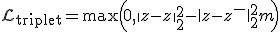 \mathcal{L}_{\text{triplet}} = \max\Bigl(0, \|z - z^+\|_2^2 - \|z - z^-\|_2^2 + m\Bigr) 