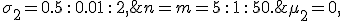 \mu_2=0, \;\; \sigma_2 = 0.5\,:\,0.01\,:\,2, \;\; n=m=5\,:\,1\,:\,50.