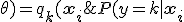 P(y=k \mid \mathbf{x}_i; \theta) = q_k(\mathbf{x}_i; \theta)