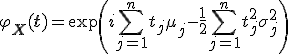 \varphi_{\mathbf{X}}(\mathbf{t}) = \exp\left( i \sum_{j=1}^n t_j \mu_j - \frac{1}{2} \sum_{j=1}^n t_j^2 \sigma_j^2 \right) 