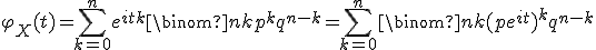  \varphi_X(t) = \sum_{k=0}^n e^{itk} \binom{n}{k} p^k q^{n-k} = \sum_{k=0}^n \binom{n}{k} (p e^{it})^k q^{n-k} 