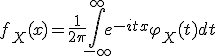 f_X(x) = \frac{1}{2\pi} \int_{-\infty}^{\infty} e^{-itx} \varphi_X(t) dt 