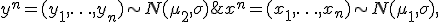 x^n = (x_1,\ldots,x_n)\sim N(\mu_1,\sigma),\;\; y^n = (y_1,\ldots,y_n)\sim N(\mu_2,\sigma);