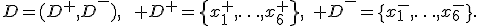 D=(D^+,D^-),\qquad D^+=\{x_1^+,\ldots,x_6^+\},\quad D^-=\{x_1^-,\ldots,x_6^-\}.