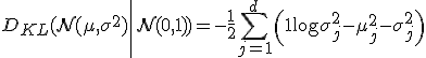D_{KL}(\mathcal{N}(\mu, \sigma^2) \| \mathcal{N}(0, 1)) = -\frac{1}{2} \sum_{j=1}^d \left(1 + \log \sigma_j^2 - \mu_j^2 - \sigma_j^2\right)