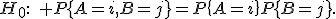 H_0:\quad P\{A=i,B=j\}=P\{A=i\}P\{B=j\}.