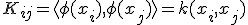 K_{ij} = \langle \phi(x_i), \phi(x_j) \rangle = k(x_i, x_j)