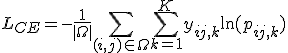 L_{CE} = - \frac{1}{|\Omega|} \sum_{(i,j) \in \Omega} \sum_{k=1}^{K} y_{ij,k} \ln(p_{ij,k})