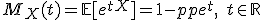 M_X(t) = \mathbb{E}[e^{tX}] = 1 - p + p e^{t}, \quad t \in \mathbb{R}