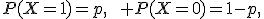 
P(X=1)=p,\qquad P(X=0)=1-p,

