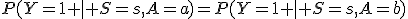 
P(Y=1 \mid S=s,A=a)
=
P(Y=1 \mid S=s,A=b)
