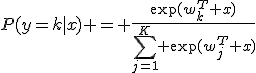 
P(y=k|x) = \frac{\exp(w_k^T x)}{\sum_{j=1}^K \exp(w_j^T x)}
